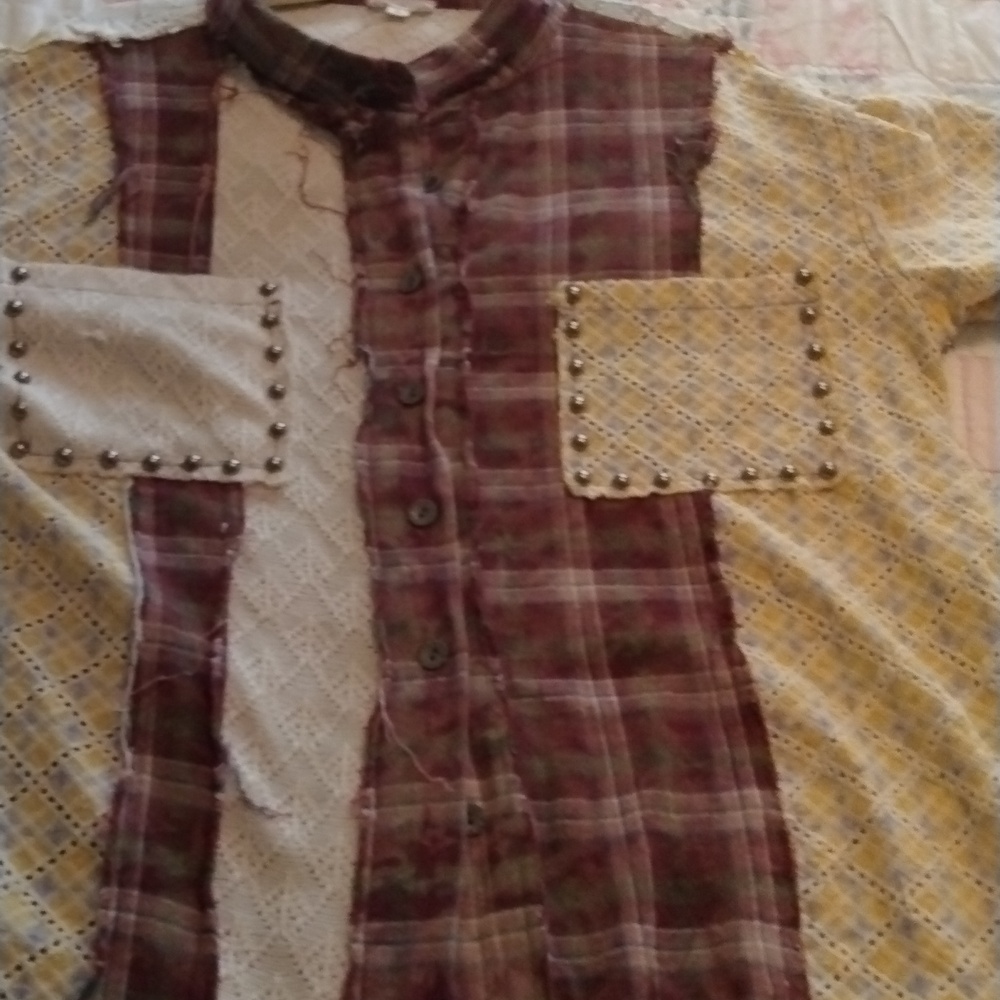 POL Patchwork Button-Front Top in Yellow and Burg… - image 6